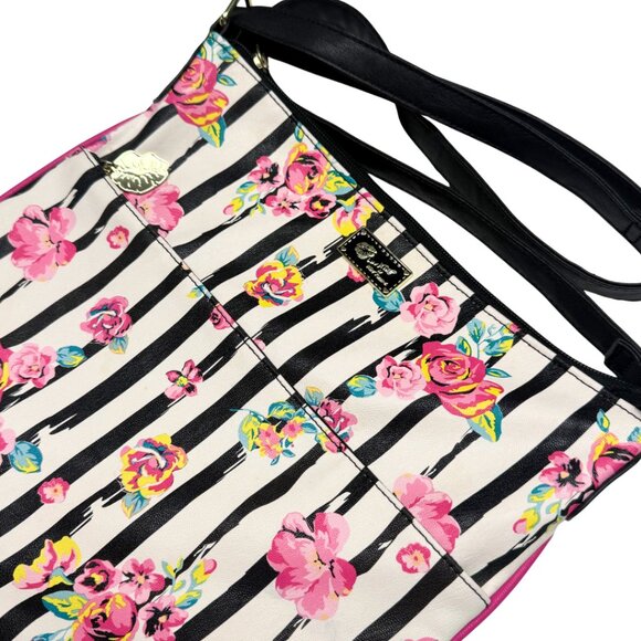LUV Betsey Johnson Floral Black White Striped Crossbody Bag Excellent - Picture 3 of 8